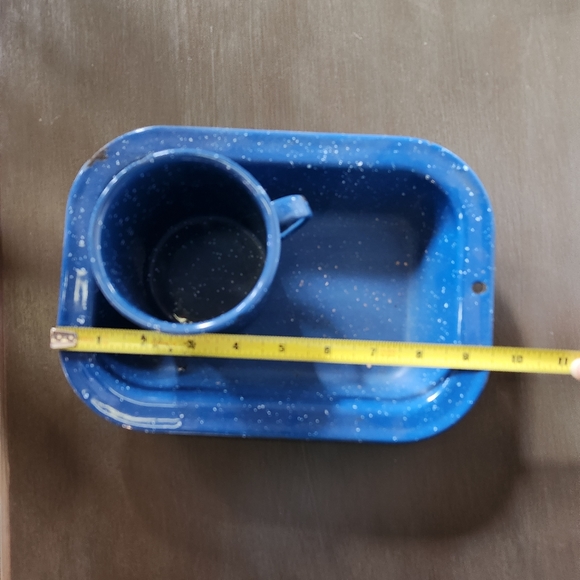 Vintage Blue Enamelware Small Baking Pan and Cup Camping - Picture 4 of 9